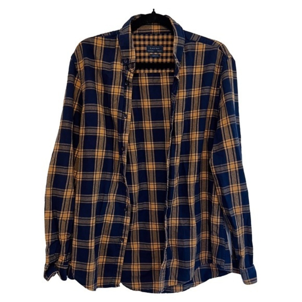 Zara Man Yellow and Blue Plaid Flannel Button Up - Slim Fit - Size Large